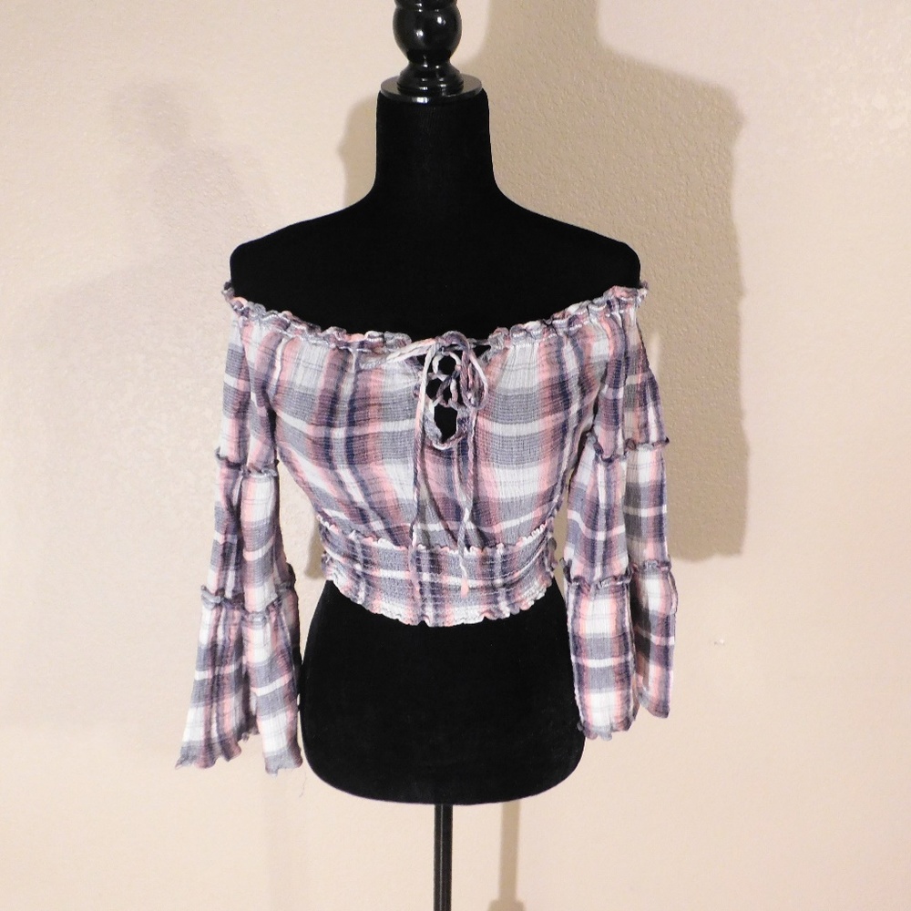Blue and Pink Bell Sleeve Crop Top
